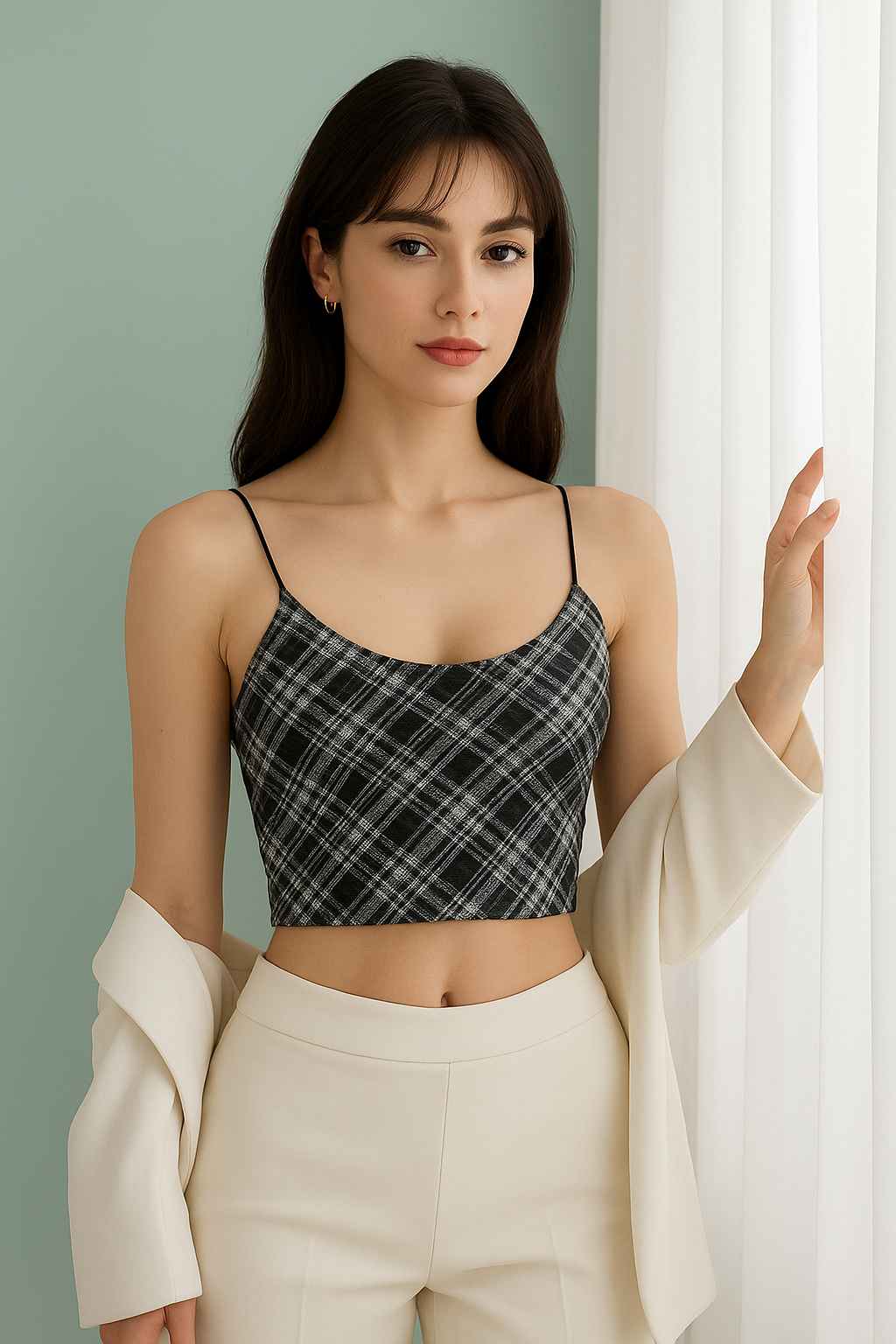 Pack of 2 - Cropped Sports Vest & Workout Tank Top / Plaid Wireless Halter Bra - The Luissa