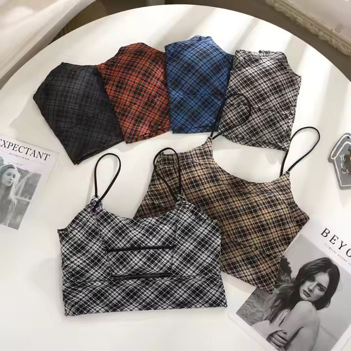 Fashionable Plaid Wireless Halter Bra - The Luissa