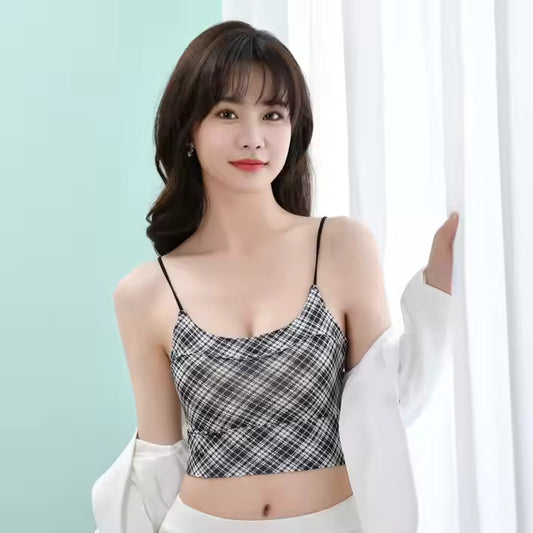 Fashionable Plaid Wireless Halter Bra