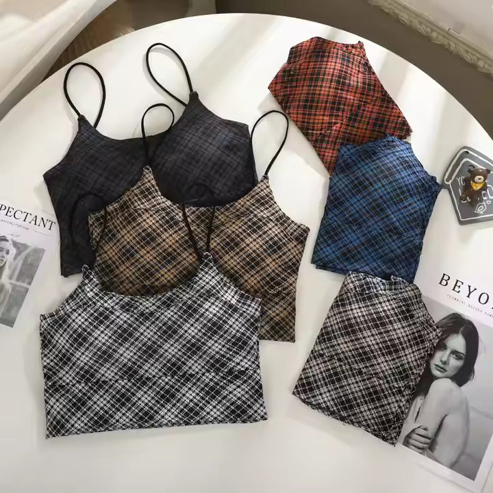 Fashionable Plaid Wireless Halter Bra - The Luissa